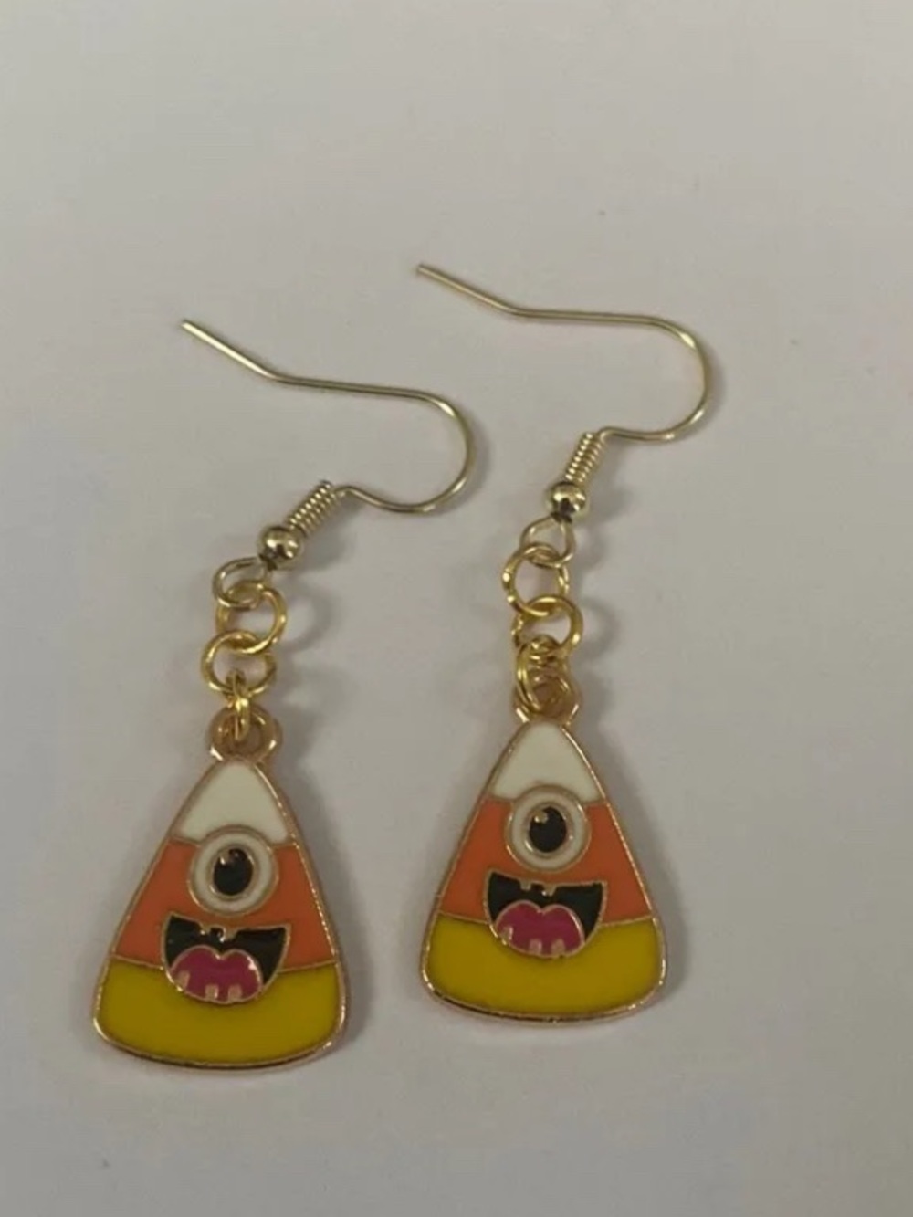 Gold-Tone Candy Corn Monster Drop Earrings in Yellow, Orange, White & Pink